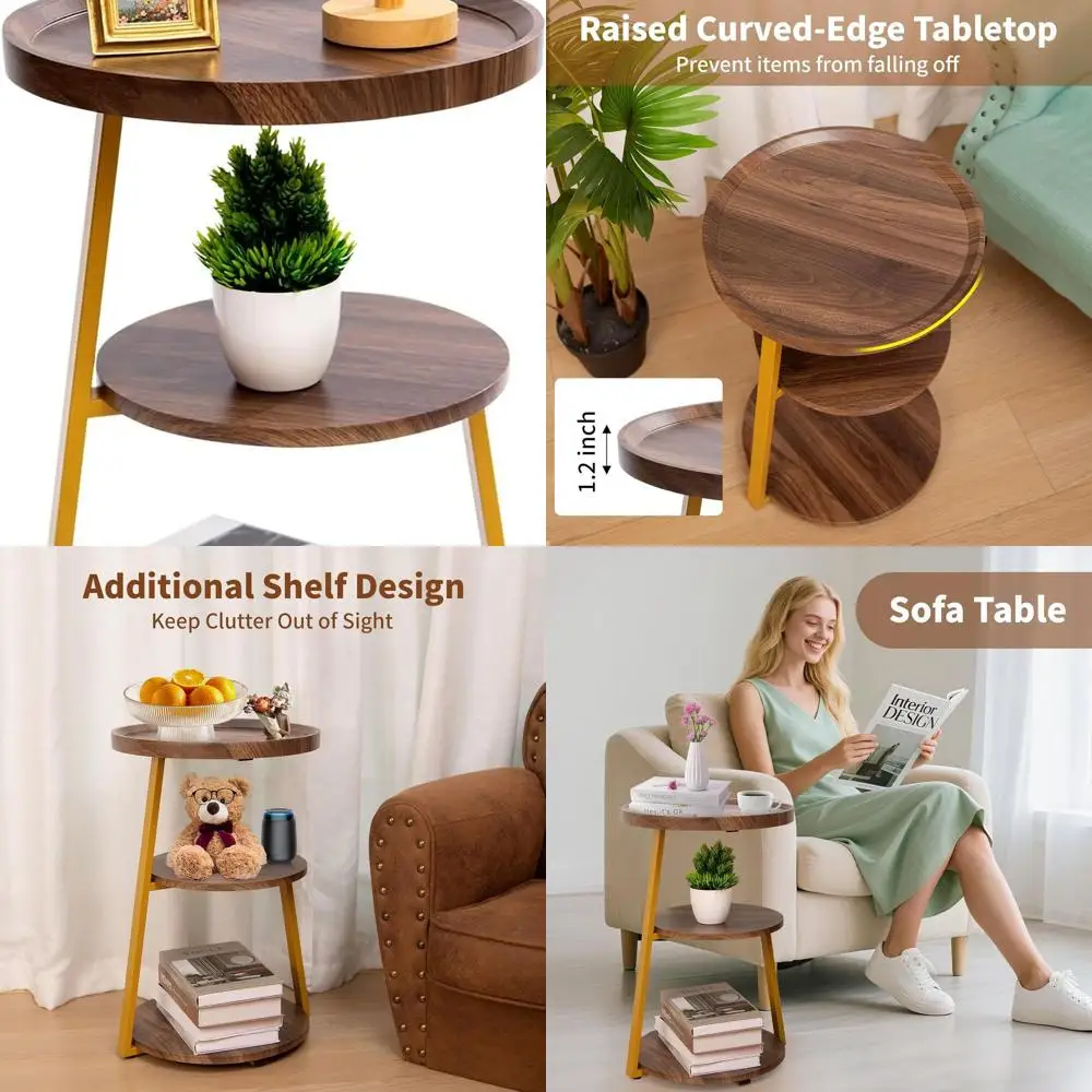 

Small Round Side Table, 3-Tier End Table for Living Room, Wooden Nightstand Bedside Tables with Storage Shelf, Circle Accent Tab