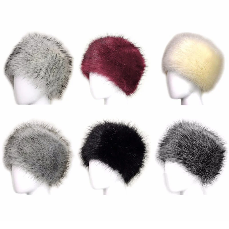 Women Winter Hats Lady Russian Thick Fluffy Faux Fox Fur Hat Fur Headband Furry Wide Headdress Ear Warmer Skiing Hat Accessories