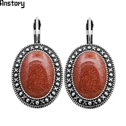 Oval Sequins Golden Stone Earrings For Women Antique Silver Plated Fashion Hook Earring