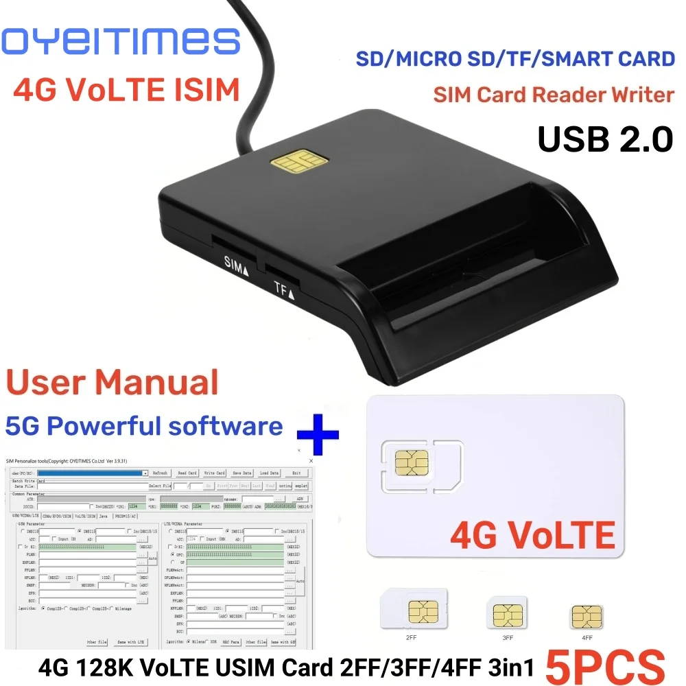 OYEITIMES-Leitor e gravador de cartões SIM, ferramentas programáveis, 4G, VoLTE, ISIM, USIM, WCDMA, GSM, USIM, USIM, 2, 3, 4, 5pcs, 5pcs