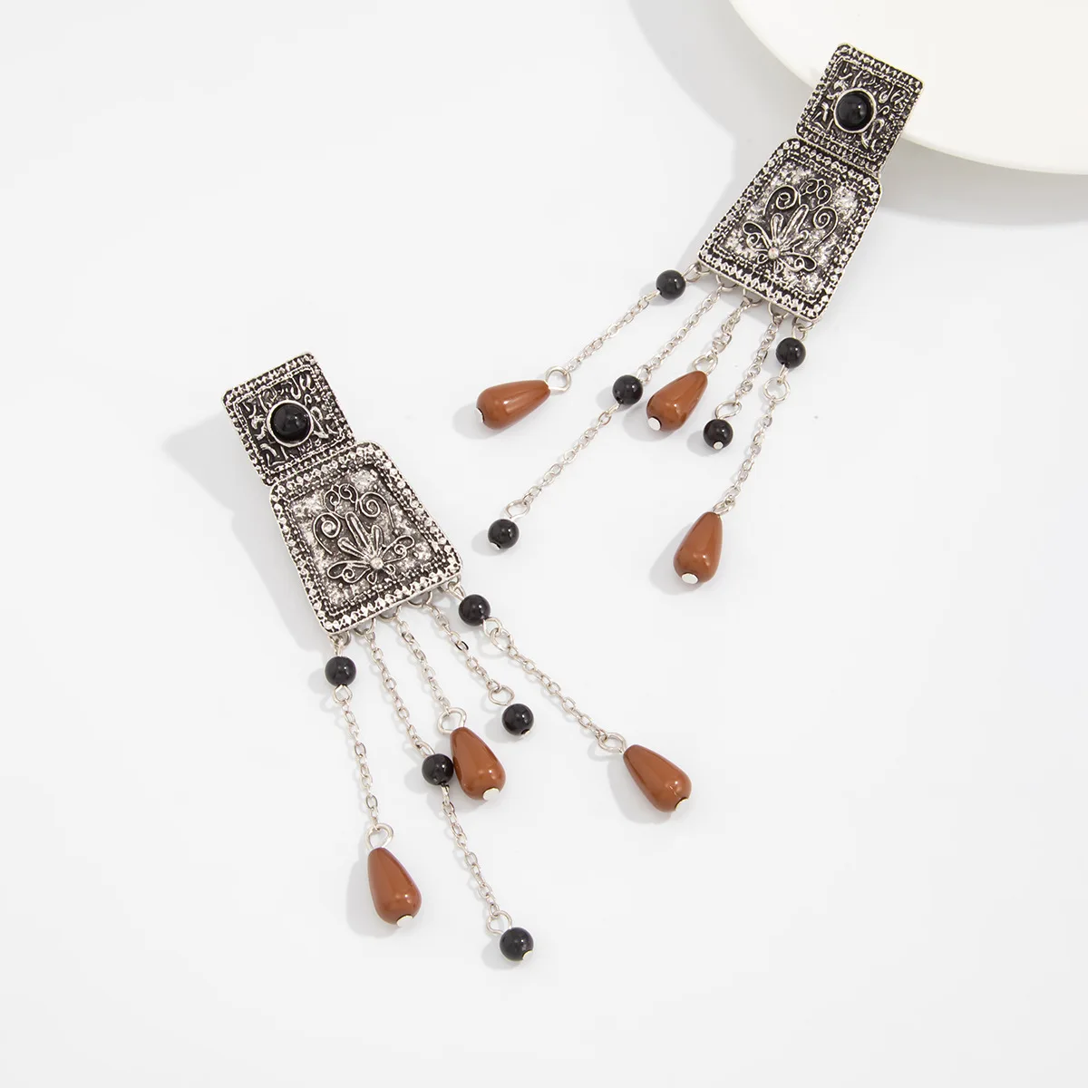 Earrings Long Beaded Tassel Floral Carved Disc Retro Palace Style for Women Commute Evening Durable Polished Alloy