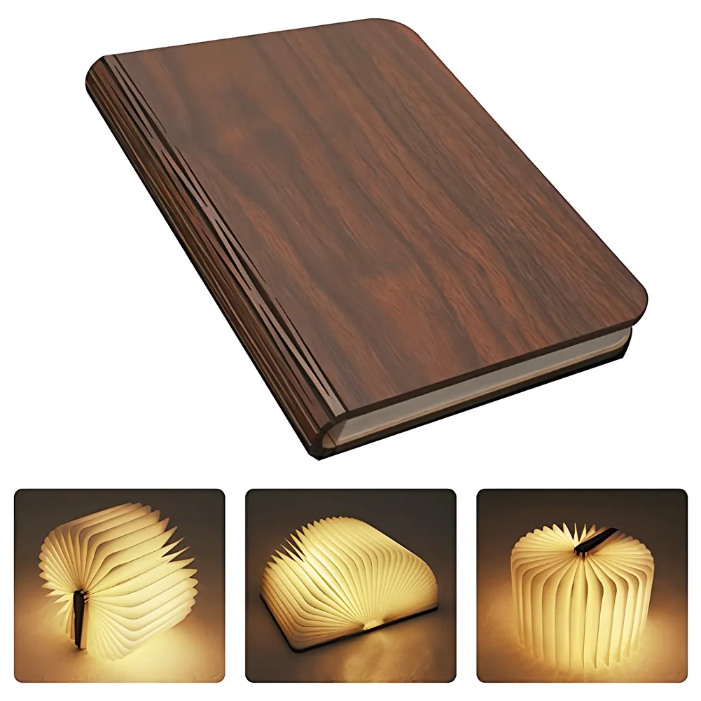 3 Color LED Wooden Book Lamp, USB Powered Bedside Table Reading Light, Art Decor Night Light for Kids Bedroom Birthday Gift