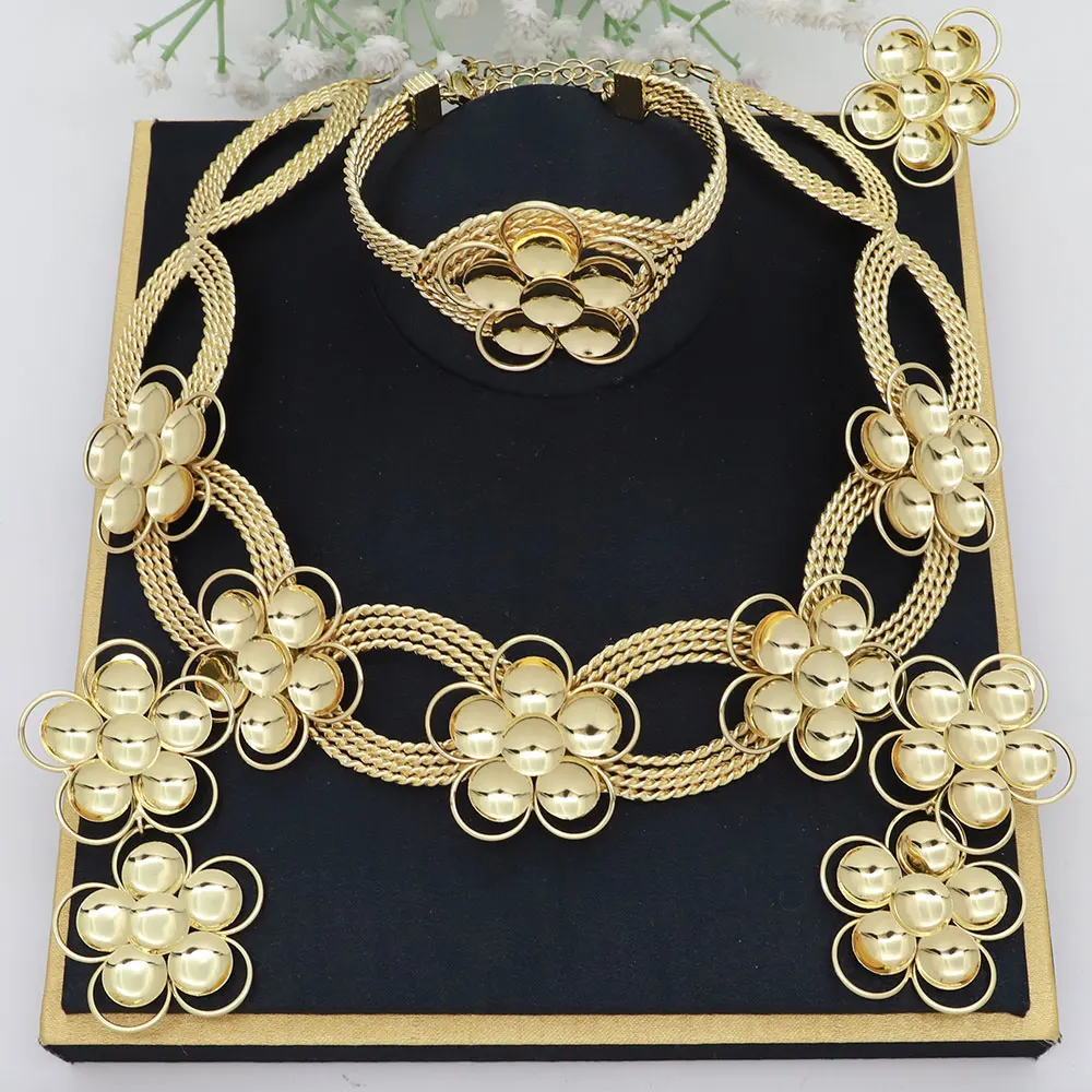 

2025 Newest Selling Women Jewelry Set African Golden Flower Necklace Earring Bracelet Ring Durable Hypoallergenic Gift