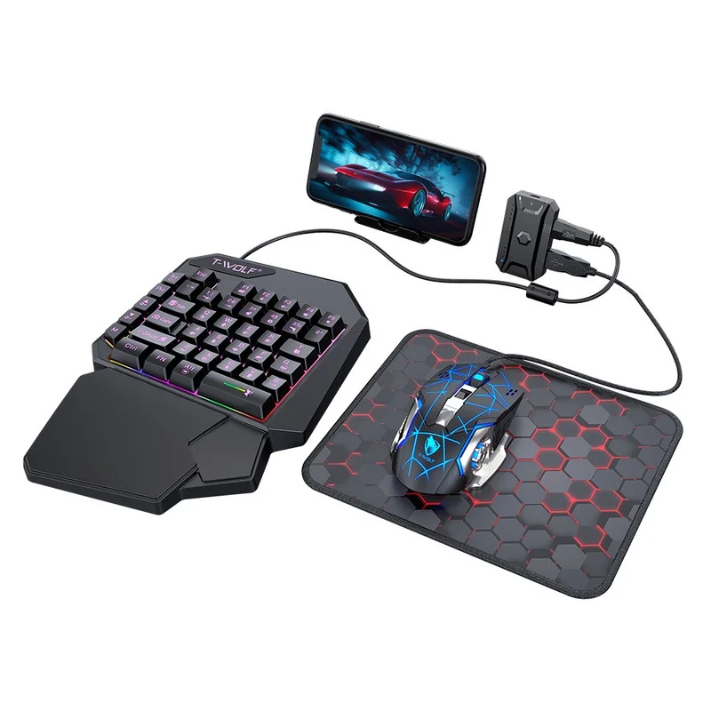 T-Wolf Tf950 5 In 1 One Handed Gaming Keyboard Mouse Combo Rgb Backlit Set With Mouse Pad For Pubg Mobile Fps Android Ios Gamers