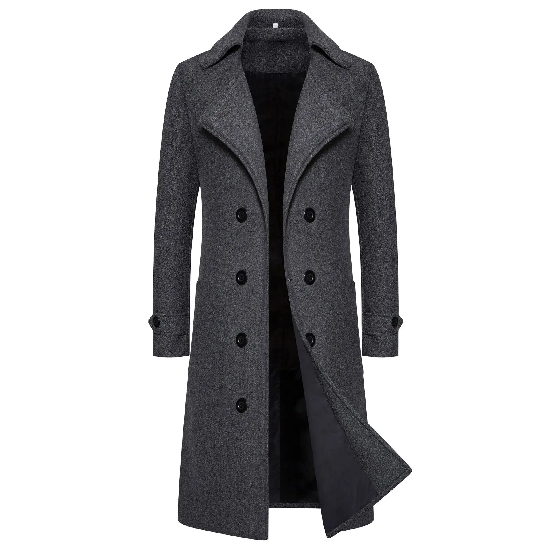 

Winter New Long Woolen Coat Men Fashion Double Breasted Trench Coats Turn Down Collar Slim Fit Windbreaker Male Outwear