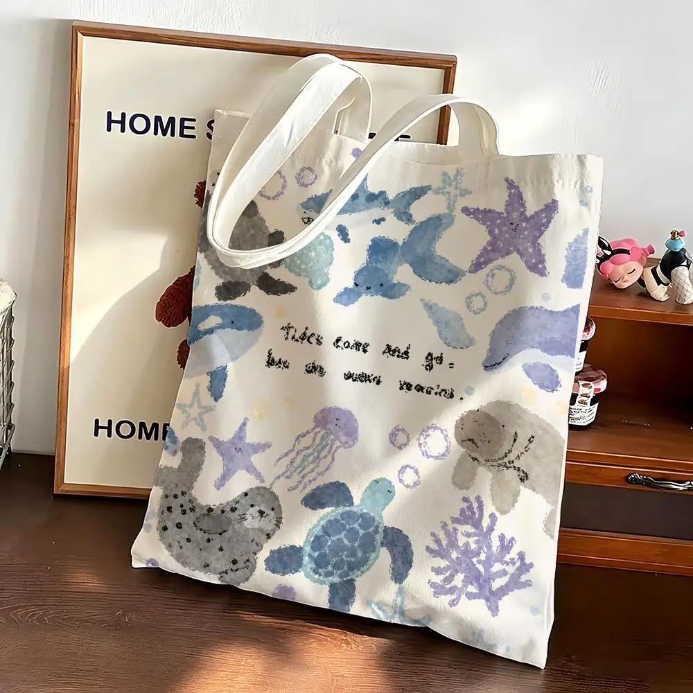 Watercolor Cute Ocean Storage Bags Canvas bags are suitable for going to class, shopping, gifts, and commuting