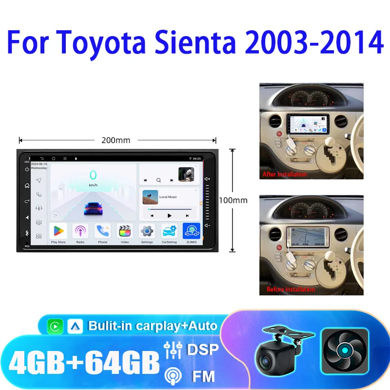 

GPS 7" For Toyota Sienta 2003-2014 Multimedia Player Carplay Android 13 Auto Wireless BT WIFI Navigation Intelligent System