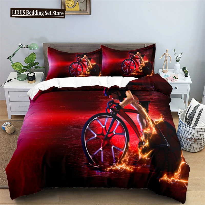 

Bike Cycling Print Bedding Set Sport Style Duvet Cover Mountain Bike Quilt Cover With Pillowcases King For Teen Adult Room Decor