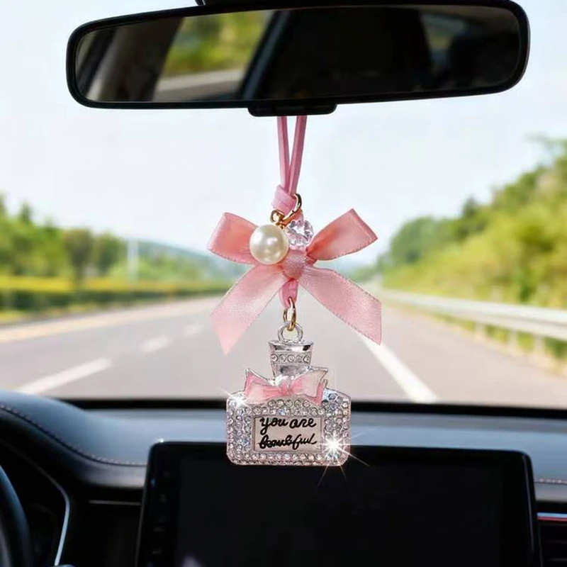 Fashionable Bow Knot Diamond Inlaid Perfume Bottle Car Interior Pendant Exquisite with Drill Car Rearview Mirror Car Accessories