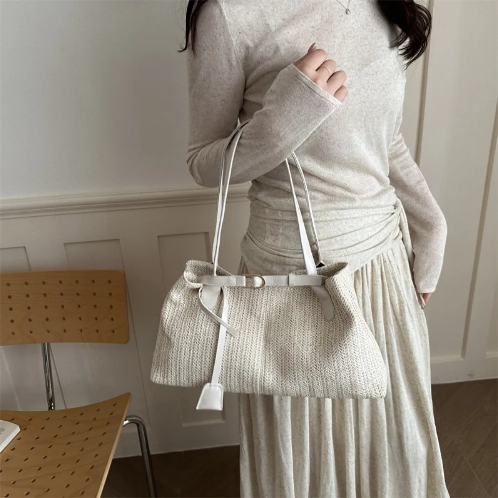 Fashion Handwoven Straw Tote Bag Lightweight Solid Beach Handbag Large Capacity Shoulder Bag