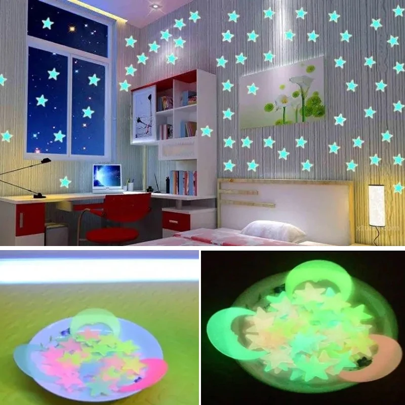 100pcs זוהר כוכב 3 זוהר קיר כהה מדבקות אמנות ציור קיר פלורסנט מדבקה ילדים חדרי תינוק תקרה חדר שינה תפאורה הבית תפאורה