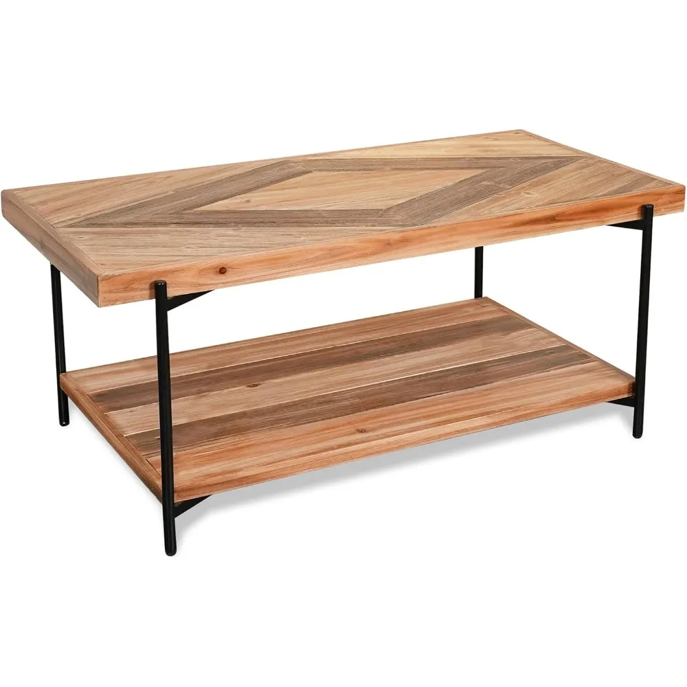 

Coffee Table, Solid Fir Wood & Metal Frame, 2-Tier Industrial Farmhouse Table for Living Room/Office, 44 Rect