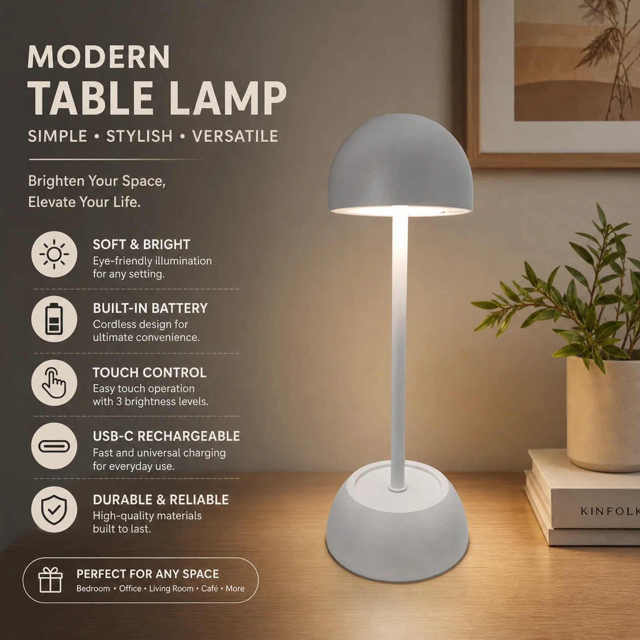 WWPPU Mushroom Rechargeable Table Lamp, Touch Control LED Desk Lamp for Hotel Bedroom Homestay, Matte White
