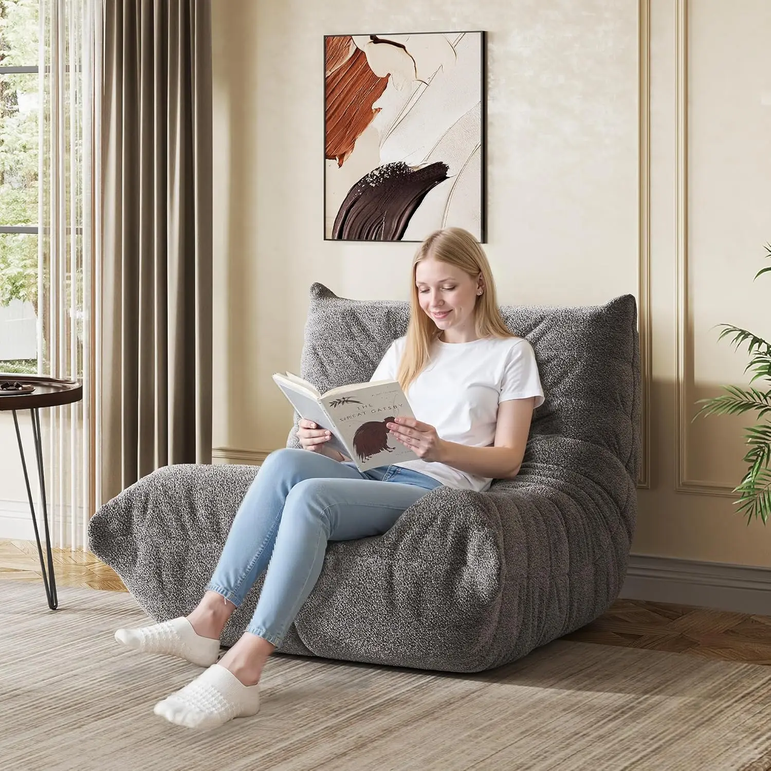 كرسي أريكة عملاق بين باج، كرسي للكبار من إسفنج الذاكرة لغرفة المعيشة وغرفة النوم، أسود