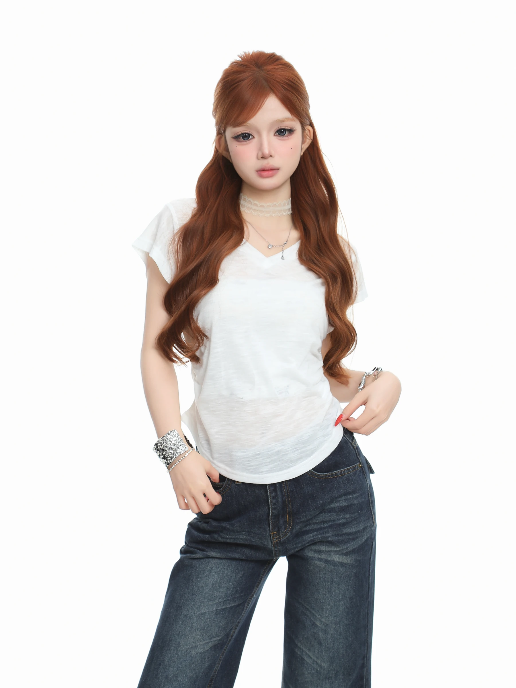 BASTERDS Spicy Girl Semi-Transparent Waist-Cinching  Color V-neck Short Sleeve T-shirt Women's Summer New Slimming Versa...