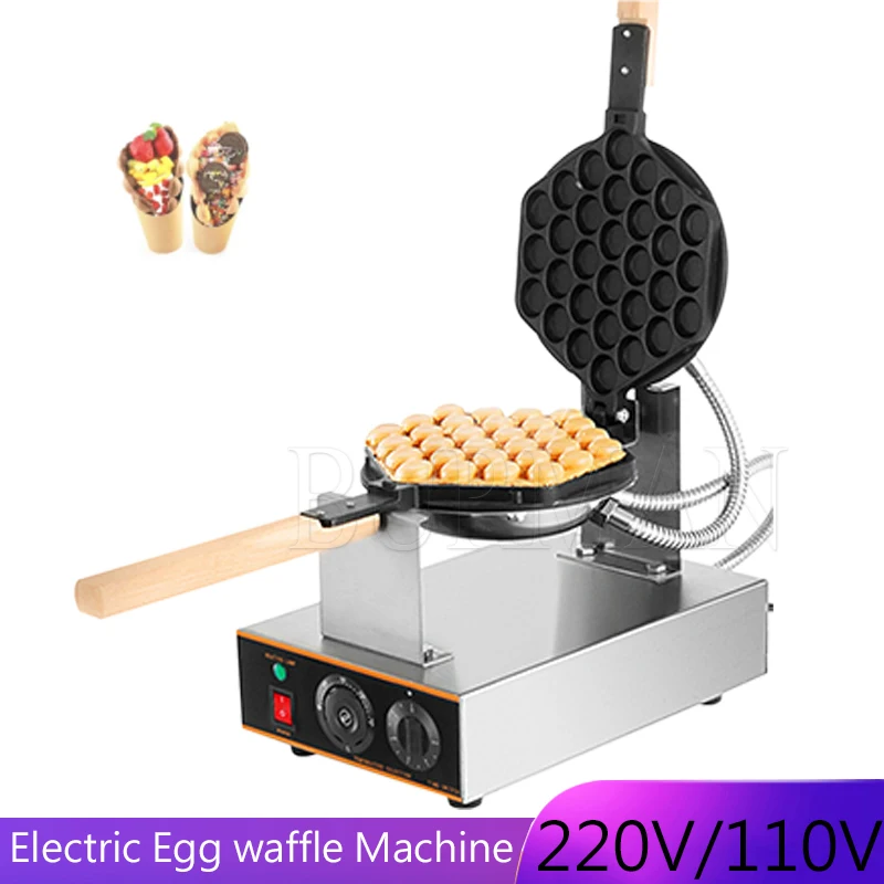 Electric Bubble Waffle Maker 1400w Egg Bubble Puff Iron W/180°Rotatable 2 Pans Wooden Handles Stainless Steel Baker