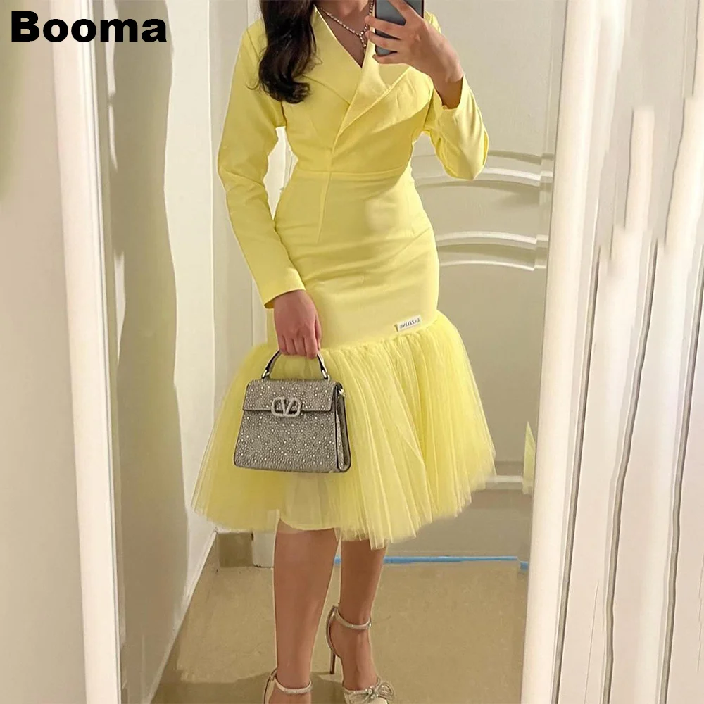 

Booma Yellow Short Mermaid Evening Dresses Long Sleeves Stain Tulle Prom Gowns for Women Knee Length Formal Occasion Dresses