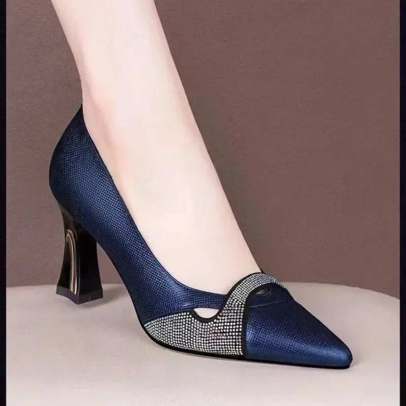Zapatos clásicos De tacón alto con brillo De cristal azul marino para mujer, zapatos De tacón cómodos y elegantes para primavera y verano, Mulheres De Salto Alto E357