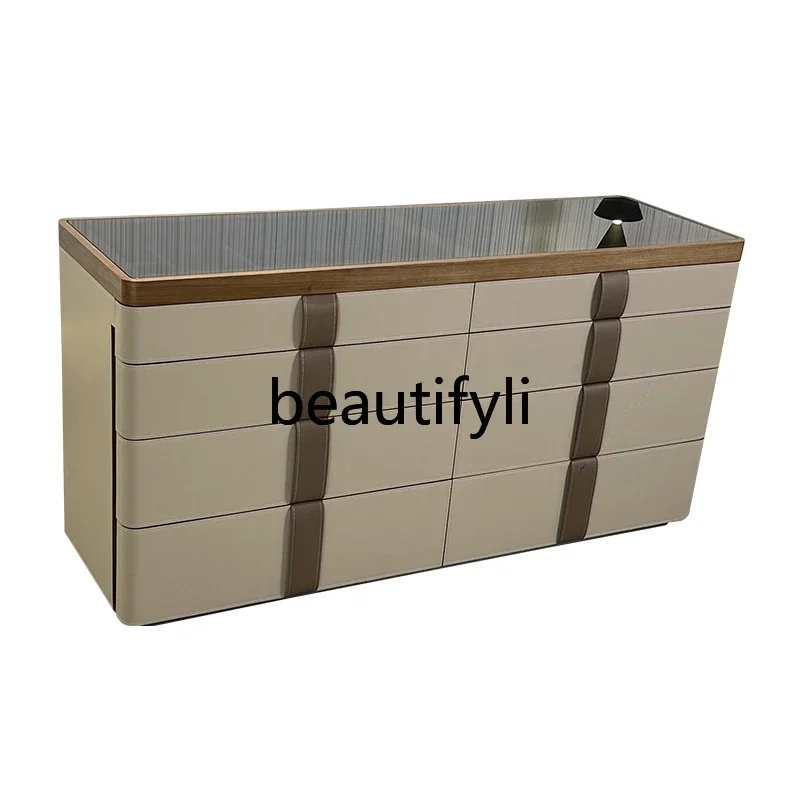 

Living room French bedroom side cabinet designer Italian solid wood saddle leather chest cabinet