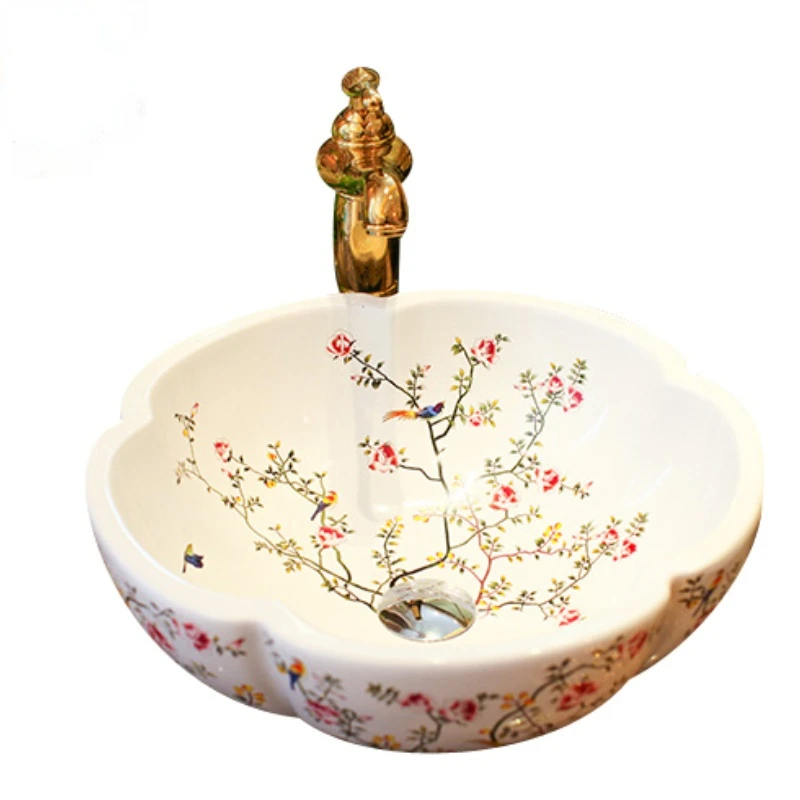 Flower Bird Pattern Ceramic White Table Standard Bathroom Sink Sizes