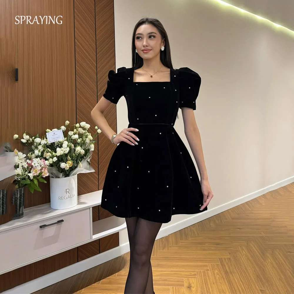 

SPRAYING Elegant Black Velvet Prom Gown Square Collar Short Sleeves Mini Party Dress A line Short Evening Dress Customized 2026
