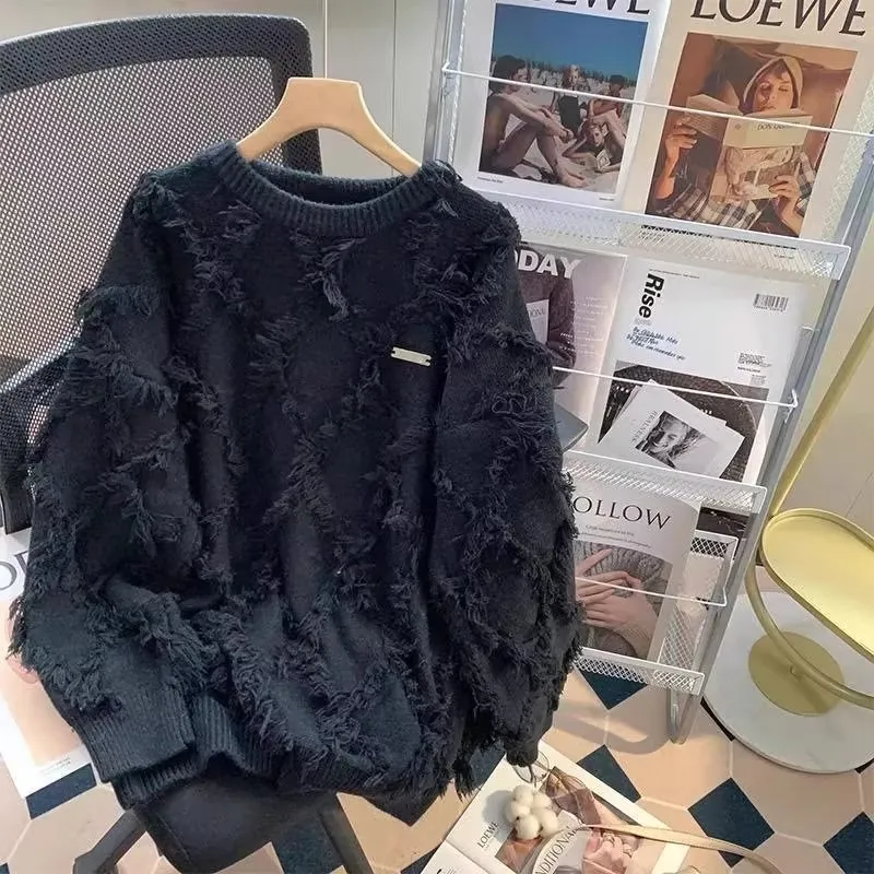 

Свободный повседневный мужской вязаный свитер, осень-зима, корейский круглый свитер с кисточками, чистый цвет, топ Lazy Faion, полиэфирное волокно