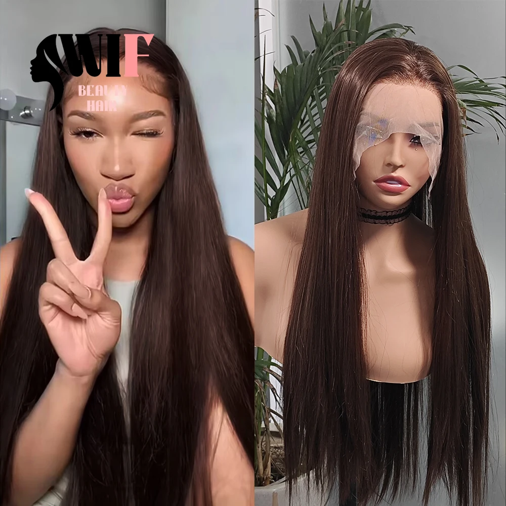 WIF Brown Straight Synthetic Lace Wig Silk Long Straight Natural Hairline Lace Front Wigs Women Daily Use Chocolate Brown Hair