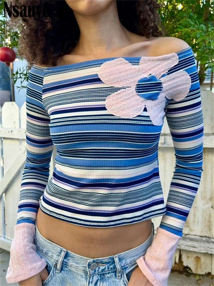 Nsauye Sexy Off Shoulder Skinny Basic Casual Mini Striped Floral Print T Shirt Tees 2026 Y2K Fashion High Street Club Crop Tops