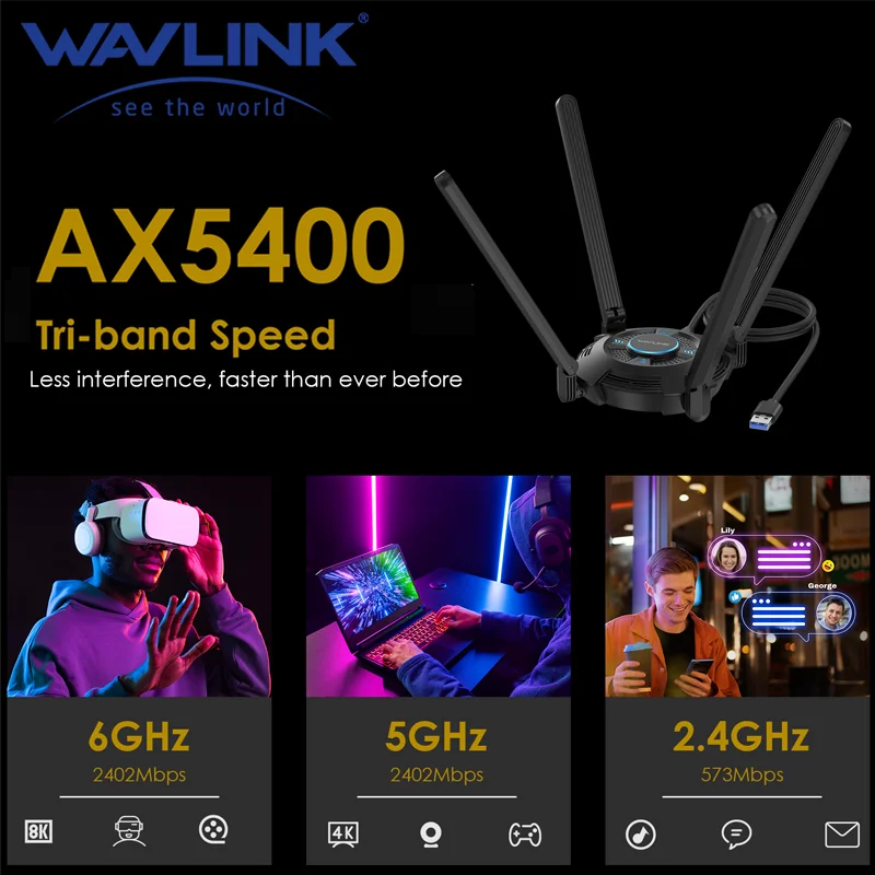 WAVLINK USB WiFi Adapter for PC AX5400 Tri-band 2.4/5/6GHz Wireless Network Adapter with 4 High Gain 5dBi Antennas for Desktop