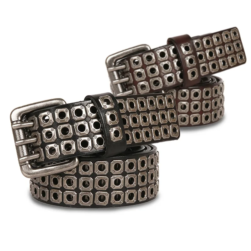 PU Leather Punk Style Biker Metal Rivet Belt Man Buckle Vintage Rock Rivet Pin Buckle Cowhide Luxury Waistband