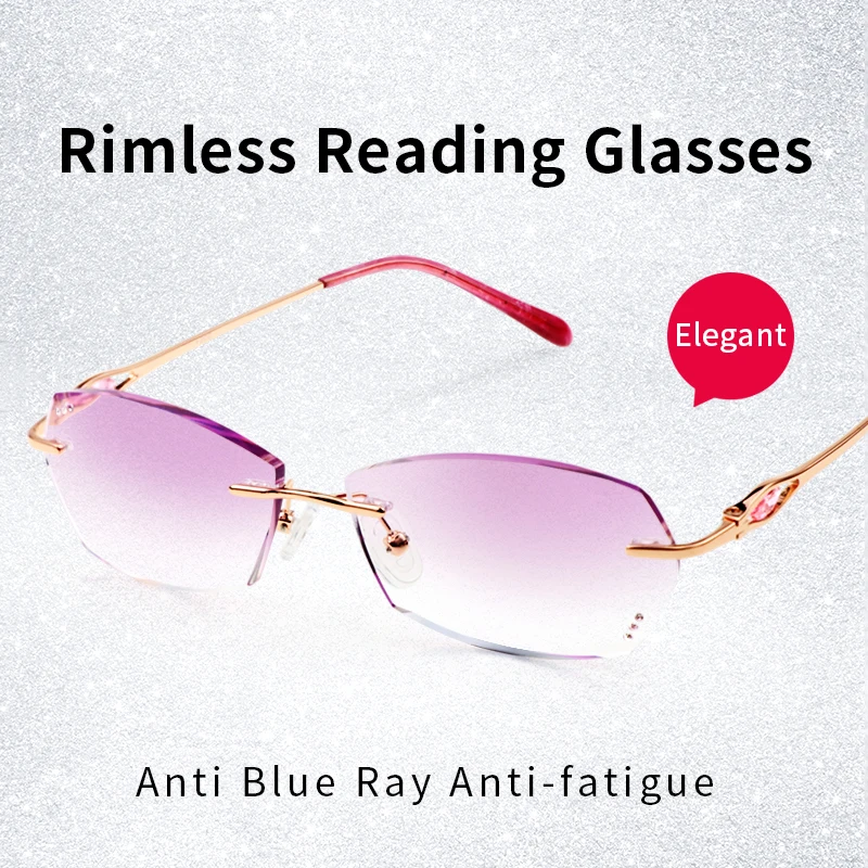 Rimless Anti Blue Ray Anti-fatigue Reading glasses for Women, Tinted Presbyopia Eyeglasses,Anti Glare Readers Magnifying Glass