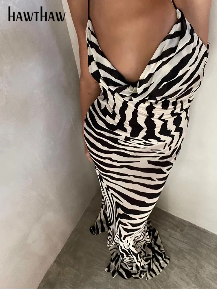 Hawthaw Women Fashion Sleeveless Zabra Printed Split Long Maxi Dress 2022 Summer Beach Clothes Wholesale Items For Business