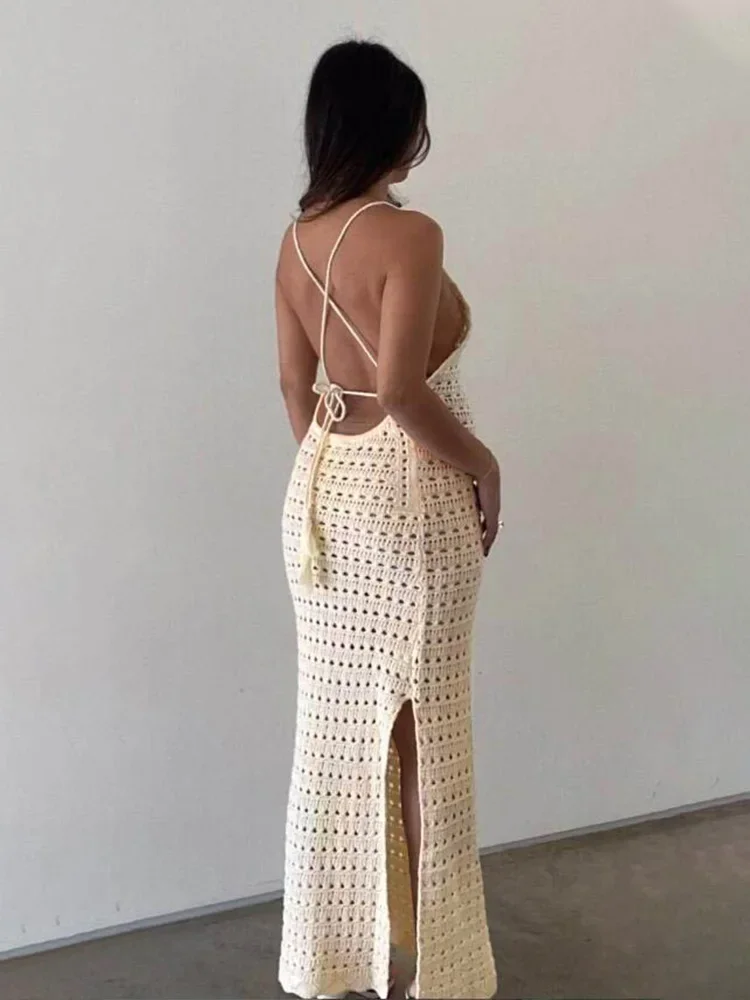 Sexy Knit Cut Out Tassel Spaghetti Strap Bodycon Beach Maxi Dress Summer Women's Holiday Club Party Outfit Long Dresses K10