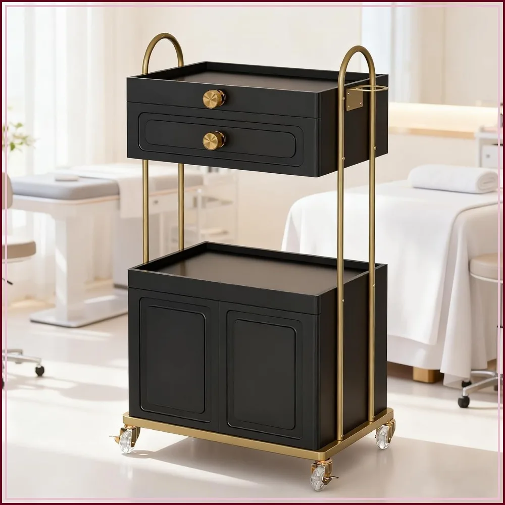 Salon Rolling Cart with Drawer & Lockable Cabinet, White Beauty Organizer for Stylists