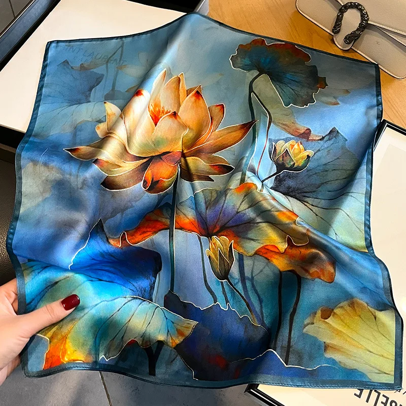 Quadratischer Seidenschal mit Pflanzen- und Blumenmuster für Damen, Hijab, Haarbänder, Halstuch, weiblicher Satin-Schal, Band, Stirnband, Halsband, modisches Bandana
