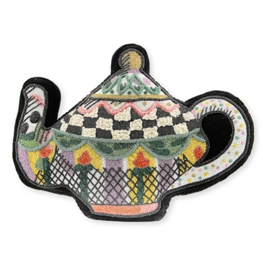 Throw Pillow for Living Room Use, Cotton Fabric, Teapot Shape, Embellished Design, 18x14 Inches