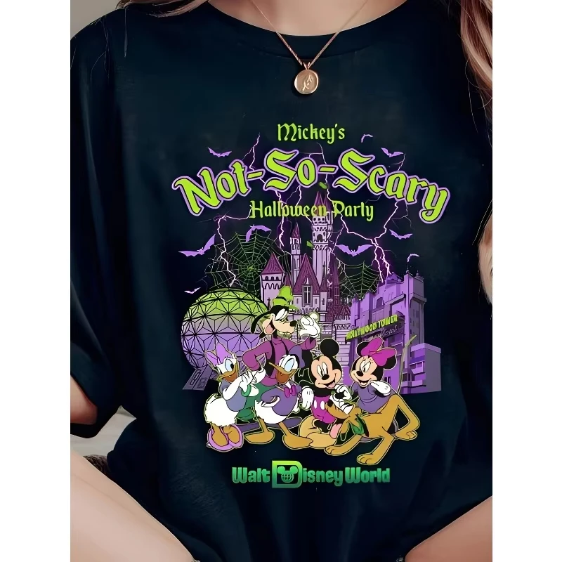 

Halloween Mickey Mouse and Donald Duck Cartoon T-shirt Disney's New Women's Plus Size Holiday Gift Loose Casual Short-sleeved