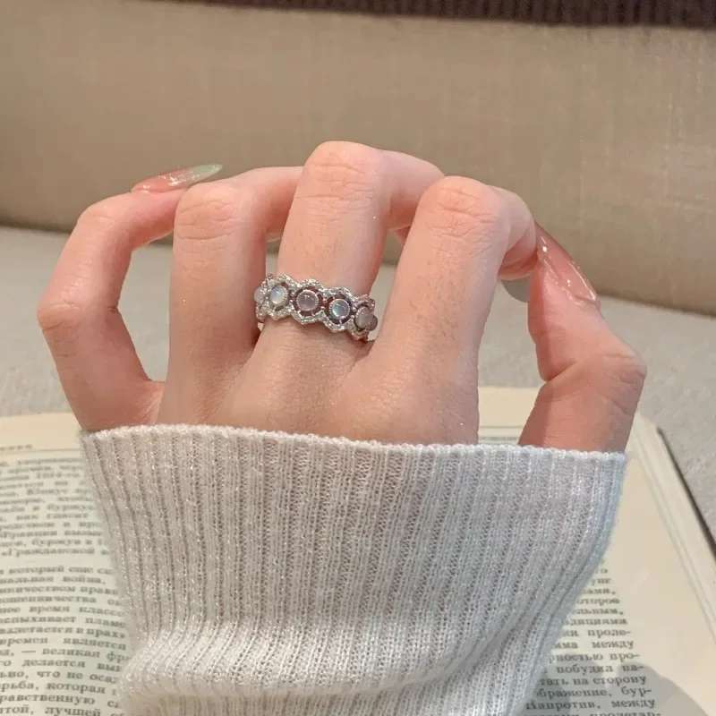 

silver 925 inlaid full diamond round Natural white chalcedony rings for women light luxury hollow out lace wave ring jewelry