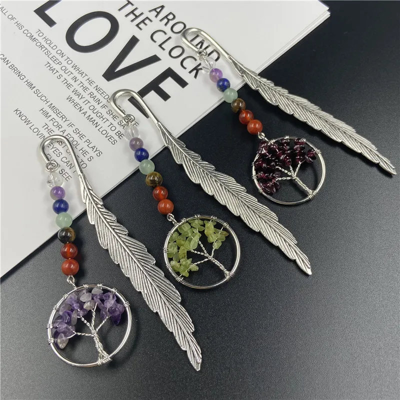 Healing Reiki Ore Chakra Stone Tree Of Life Bookmark Hand Made Natural Mineral Semi-precious Stone Crystal Jade Feather Bookmark