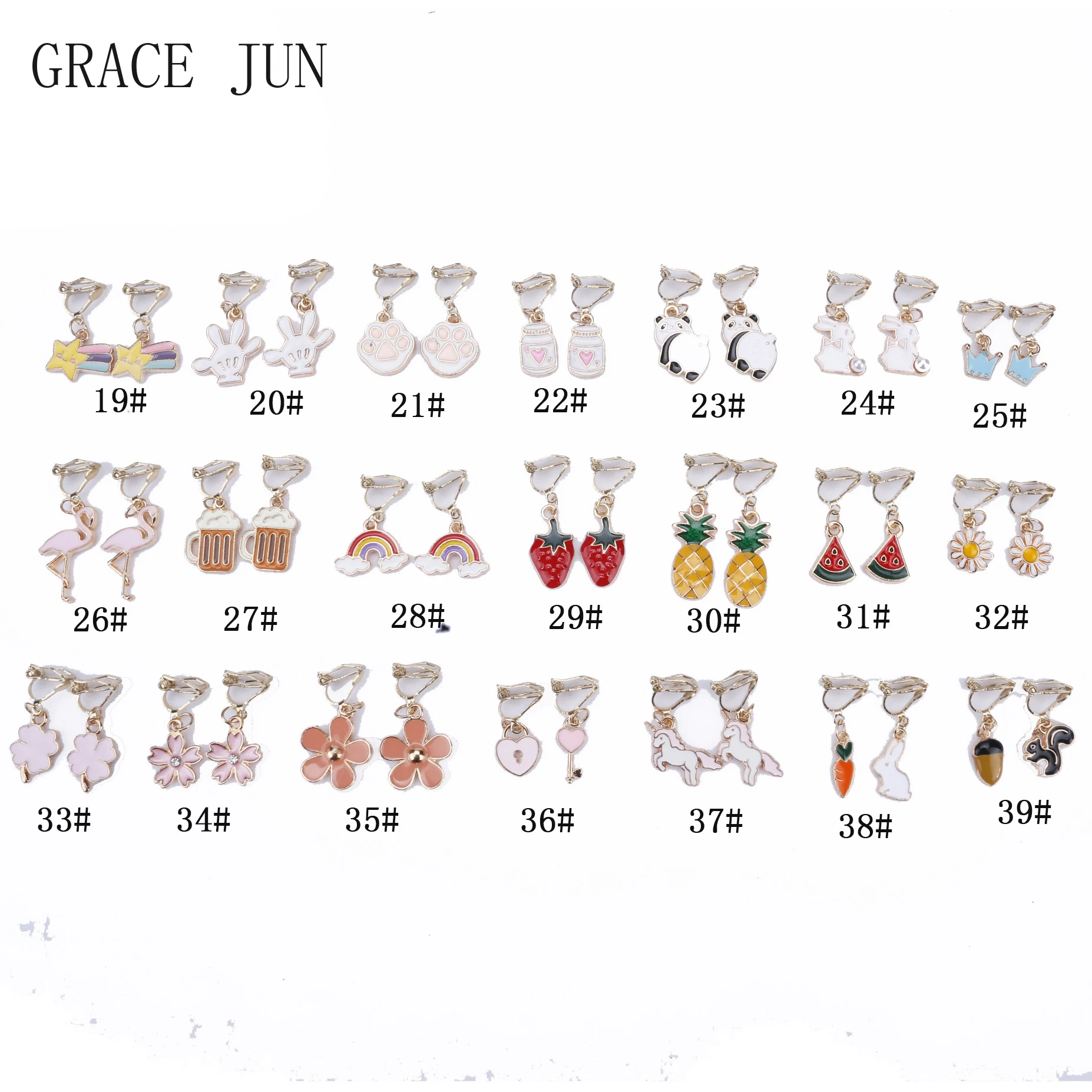 GRACE JUN Korea Style Gold Color Cartoon Clip on Earrings No Pierced for Girls Kids Fashion Cuff Earrings Charm Jewelry Ear Clip