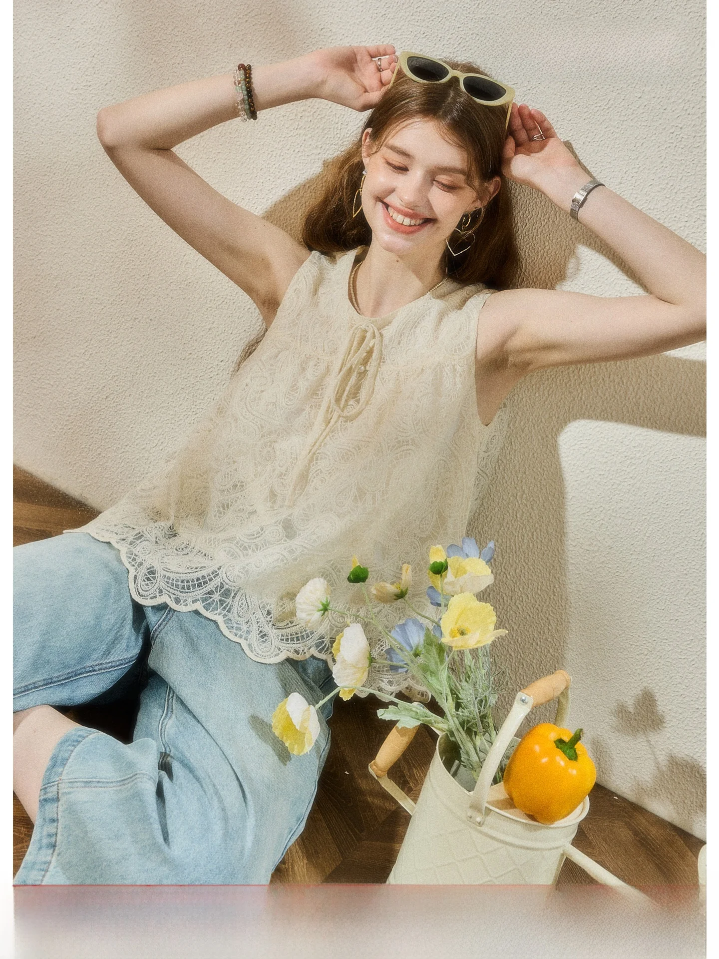 

KuNMaVi Fairy-Like Lace Shirt Women's Summer New Style Korean Gentle Versatile Girl's Style Top Breathable Skin-Friendly