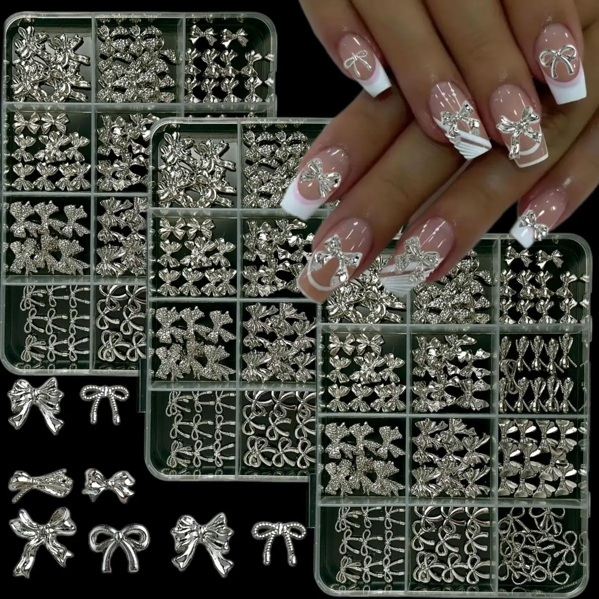 

1Box Multiple Styles Metal Alloy Bowknots Nail Charms Minimalist Line Bow Gold Silver Mixed Nail Art Decorations for DIY Nails