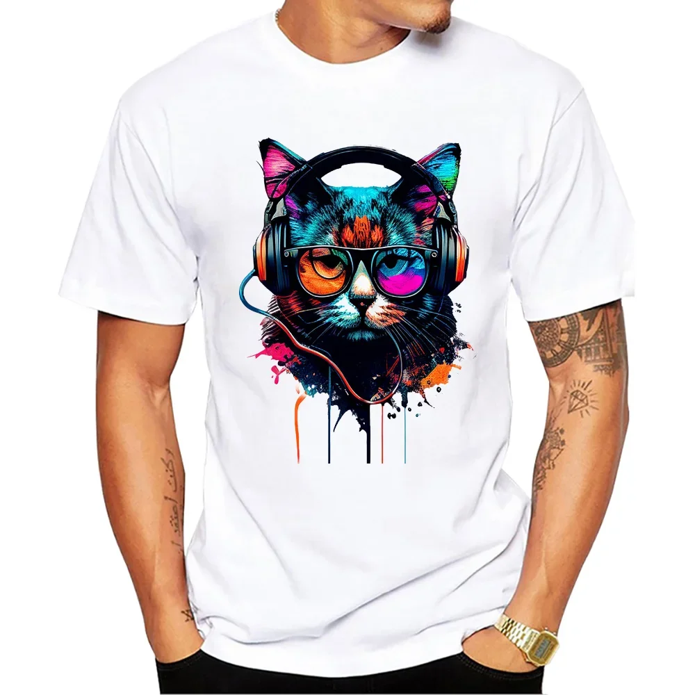 o-boyun erkek giyim kısa kollu erkek rahat Streetwear TEEHUB Vintage kulaklık 3D kedi erkek üstleri müzik kedi baskı T-Shirt