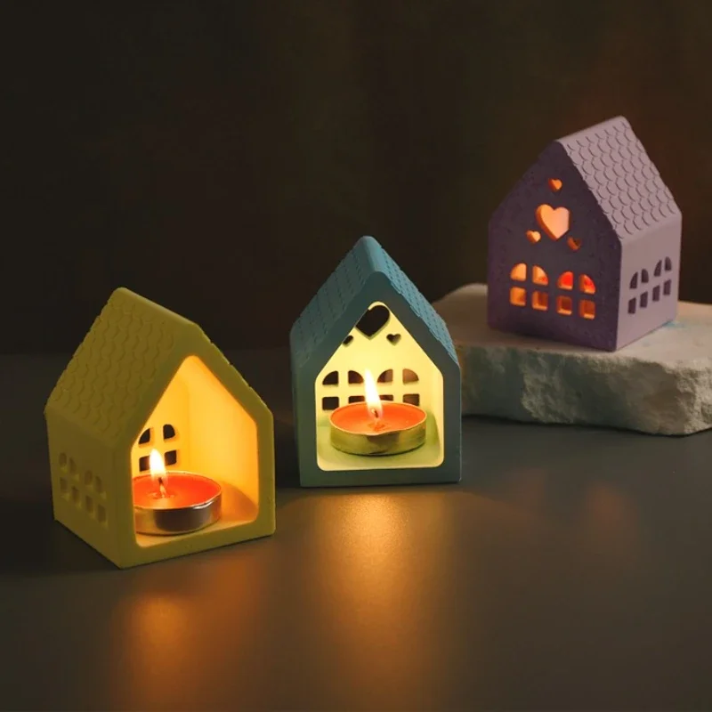 Hollow House Silicone Mold Church Window Tealight Holder Molds Concrete Candle Holder Cement Light House Resin Decoration Mold