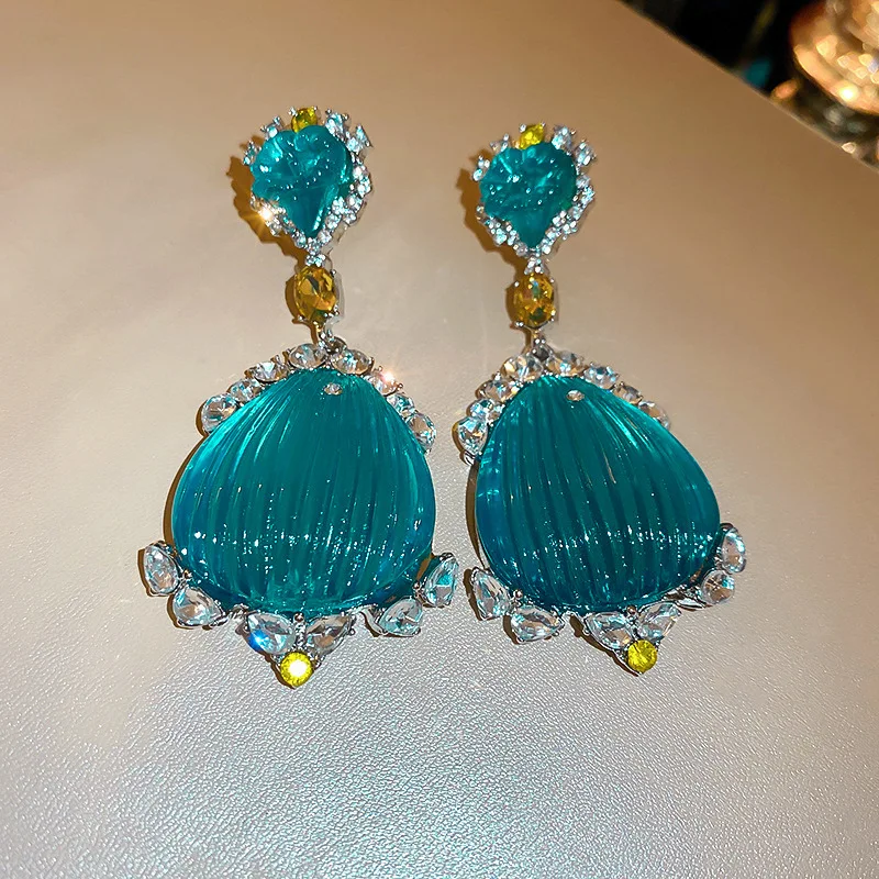 Elegant Lady Crystal Clear and Shiny Blue-green Crystal Exaggerated Long Design Earrings French Court Style Luxury Earrings