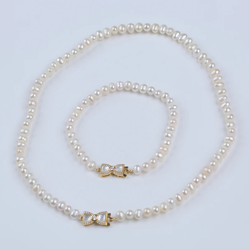 

5-6mm White Potato Shape Freshwater Pearl 925 Silver plated 18K gold Chain 39cm Necklace +17cm Bracelet Jewelry Set