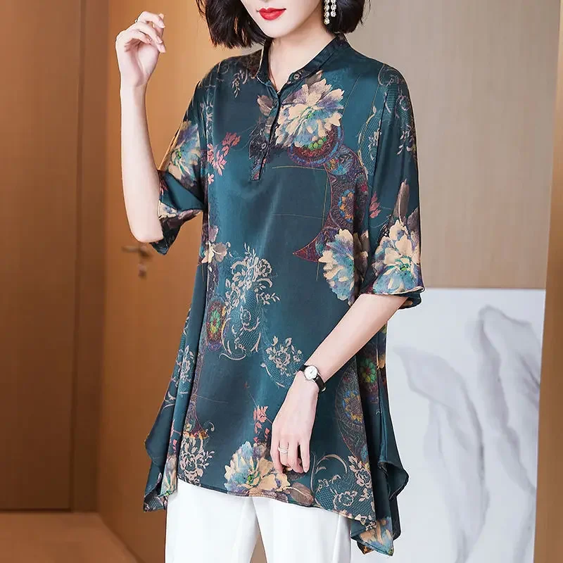 Ropa de seda con estampado Floral para mujer, camisa de gran tamaño, Túnica Irregular, Tops elegantes, moda de verano, LU328