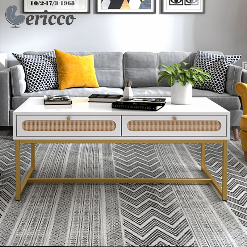 GERICCO Rattan Drawer Coffee Table Modern Rectangular Unique Side Table Living Room Decor Luxury Center End Table Home Furniture