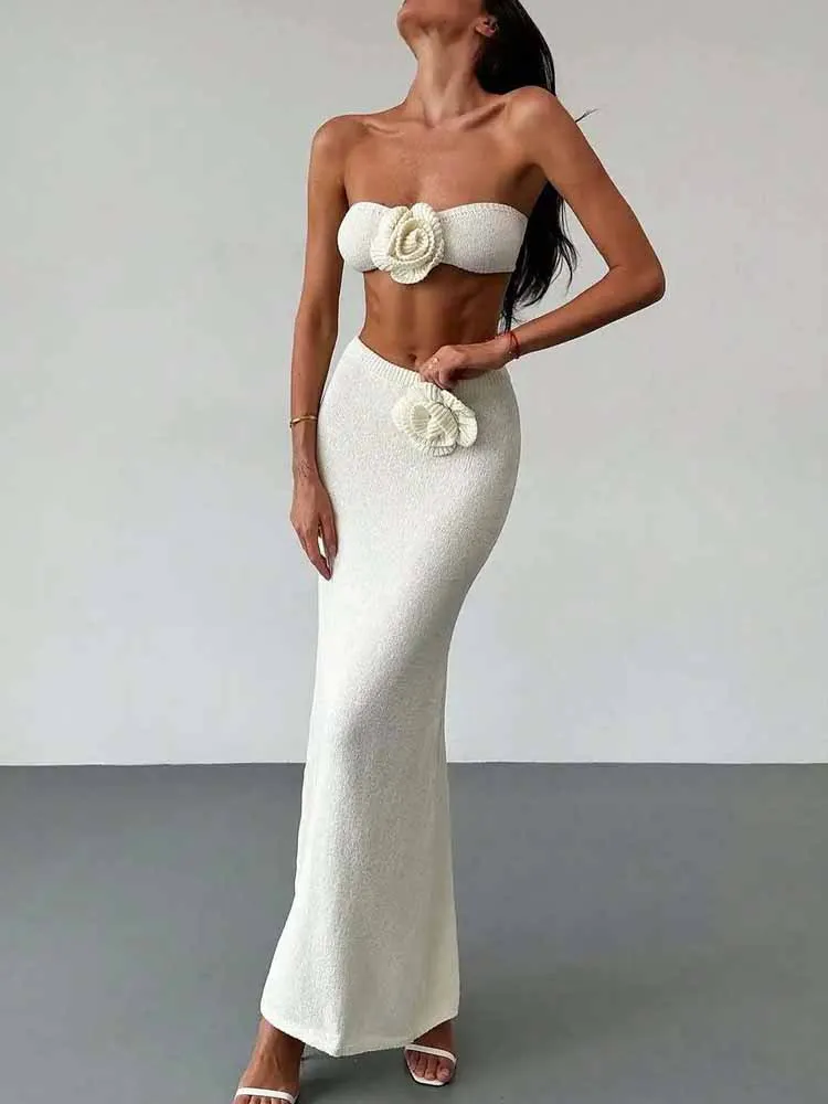 BKQU โครเชต์ชุดกระโปรงชายหาดผู้หญิง 3D ดอกไม้เซ็กซี่ LACE-up บิกินี่ด้านบน Slim ถักกระโปรงยาว 2 ชิ้นฤดูร้อนวันหยุดชุด