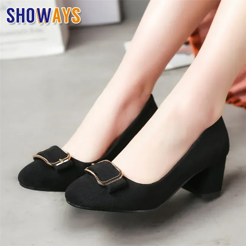 Spring Autumn Women Pumps Black Pink Flock 5.5cm High Chunky Heels Buckle Round Toe Casual Party Office Lady Slip-on Dress Shoes